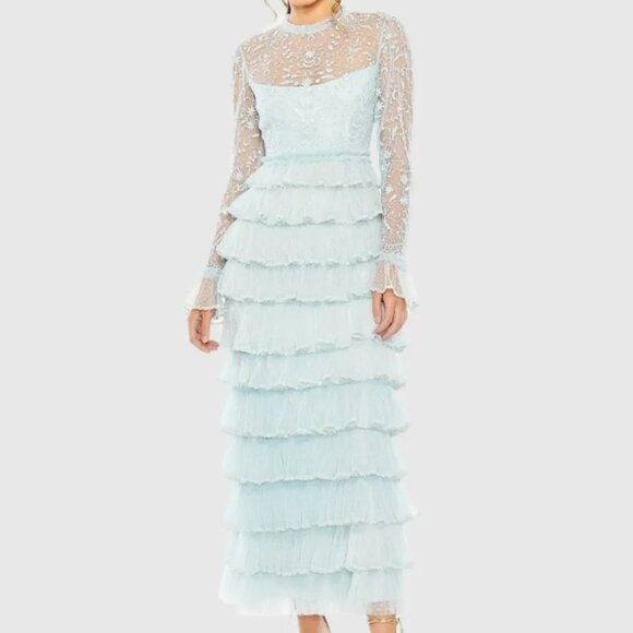 Mac Duggal Blue Embroidered Long Sleeve Ruffled Tiered Dress - Picture 1 of 4